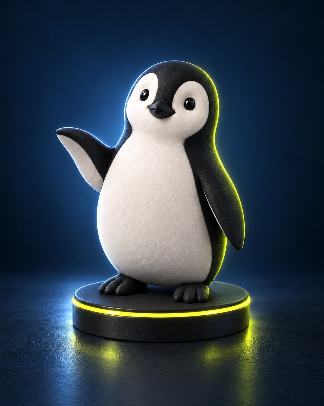 Friendly black and white penguin on a glowing lime platform against a midnight-blue background